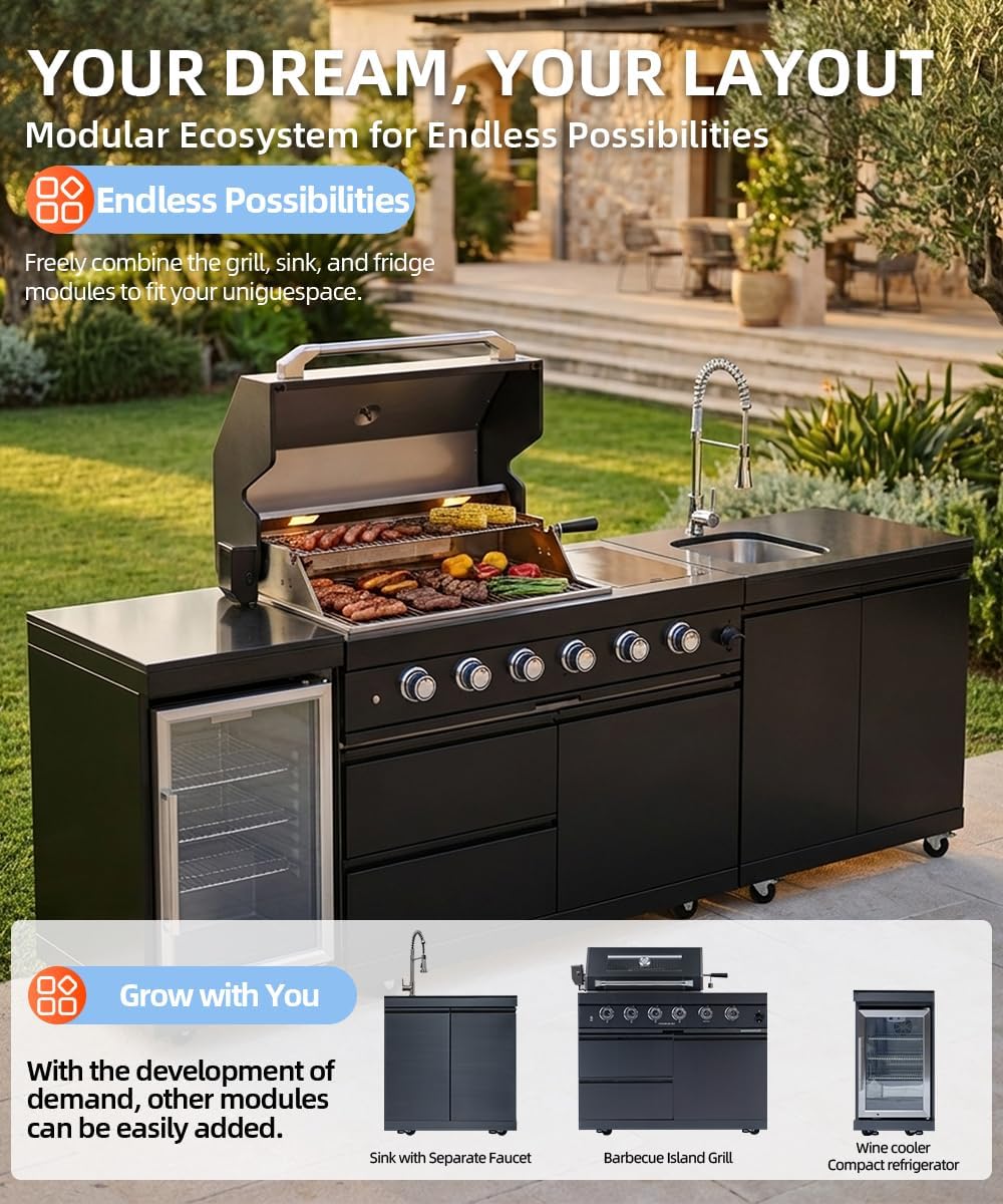 104" Outdoor Kitchen Island with Grill, Refrigerator & Rotisserie