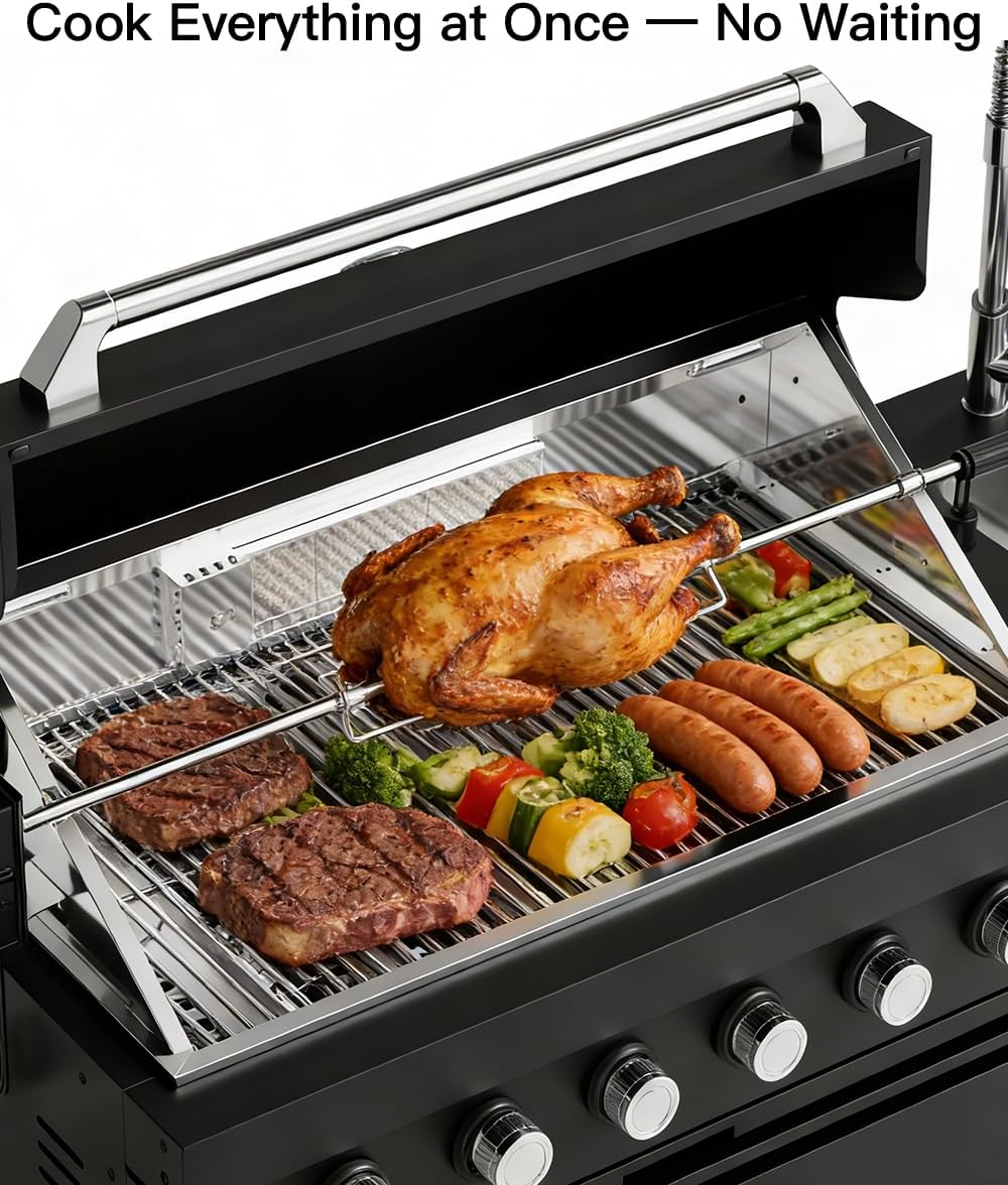 BBQ Outdoor Kitchen Island Grill Barbecue Modular Patio Kitchens Kits with Electric Rotisserie, Sink, fridge, and Burner for More than 15 People