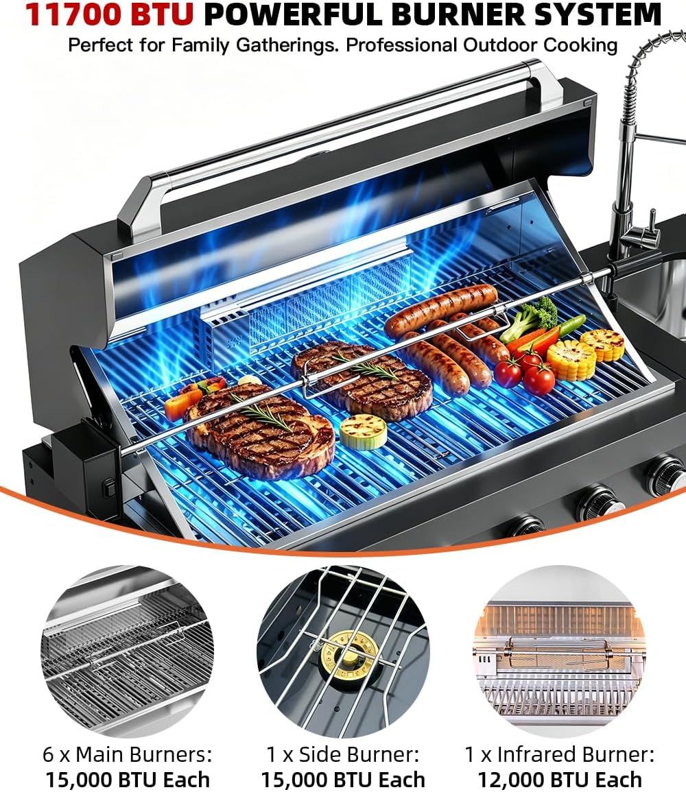 104" Outdoor Kitchen Island with Grill, Refrigerator & Rotisserie