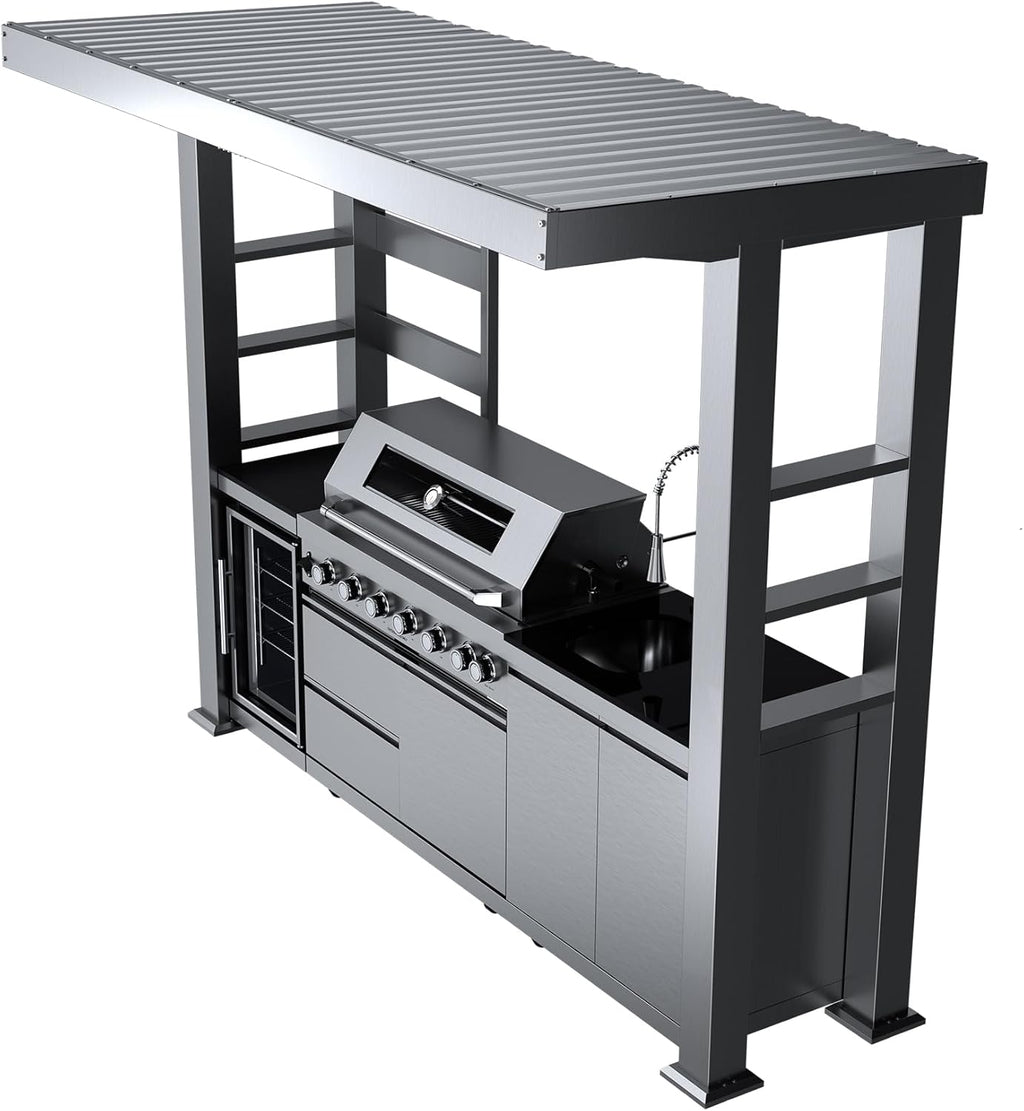5-Burner Outdoor Kitchen Island with Refrigerator & Rotisserie