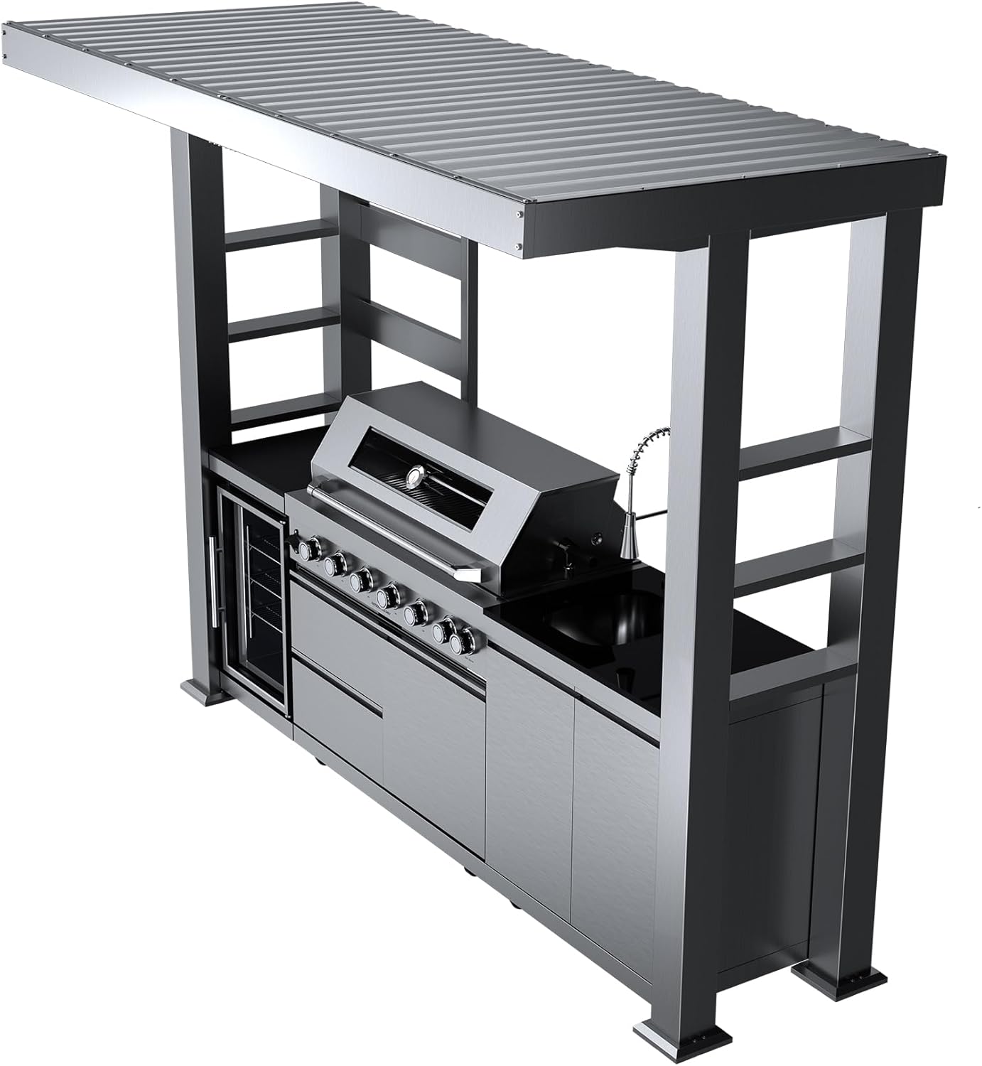 5-Burner Outdoor Kitchen Island with Refrigerator & Rotisserie
