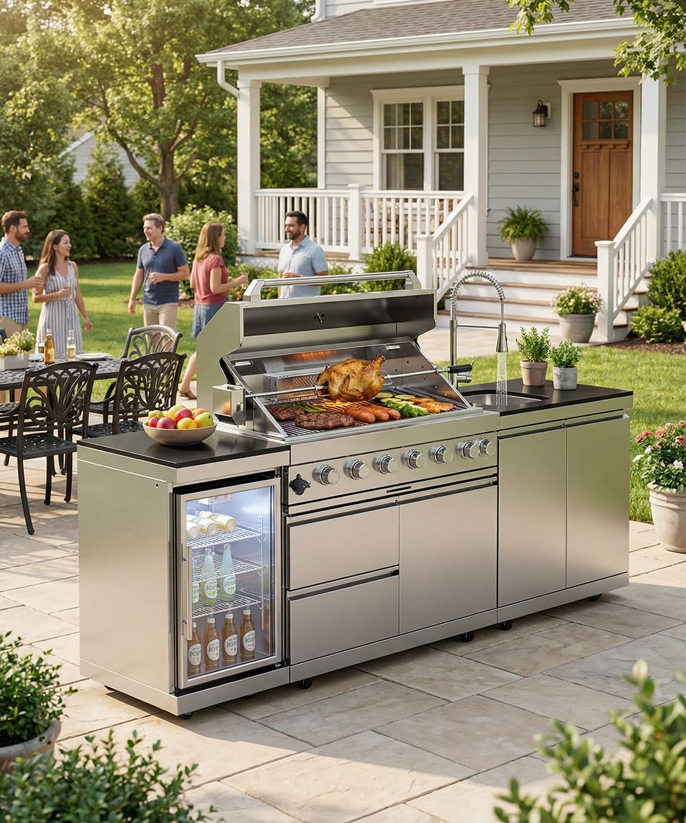 104" Outdoor Kitchen Island with Grill, Refrigerator & Rotisserie