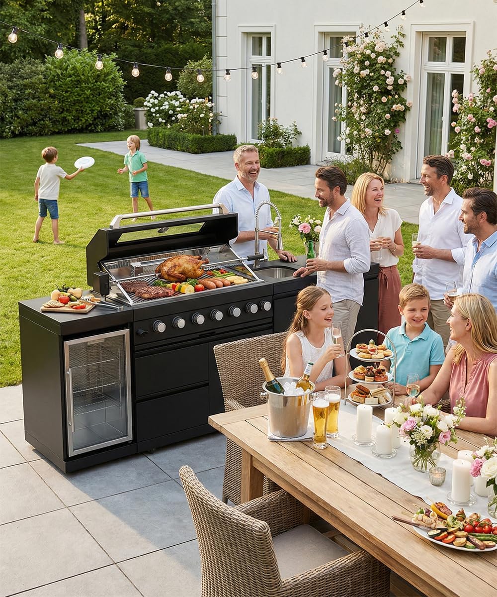 104" Outdoor Kitchen Island with Grill, Refrigerator & Rotisserie