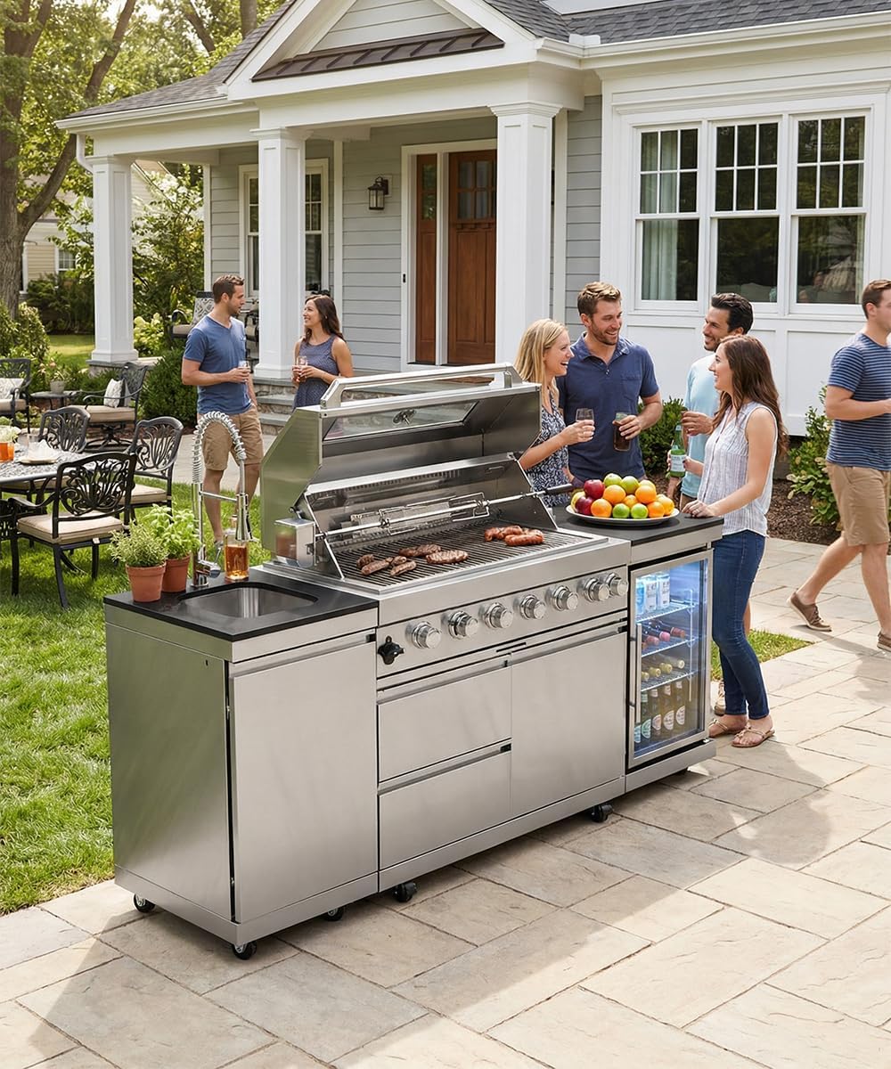 104" Outdoor Kitchen Island with Grill, Refrigerator & Rotisserie