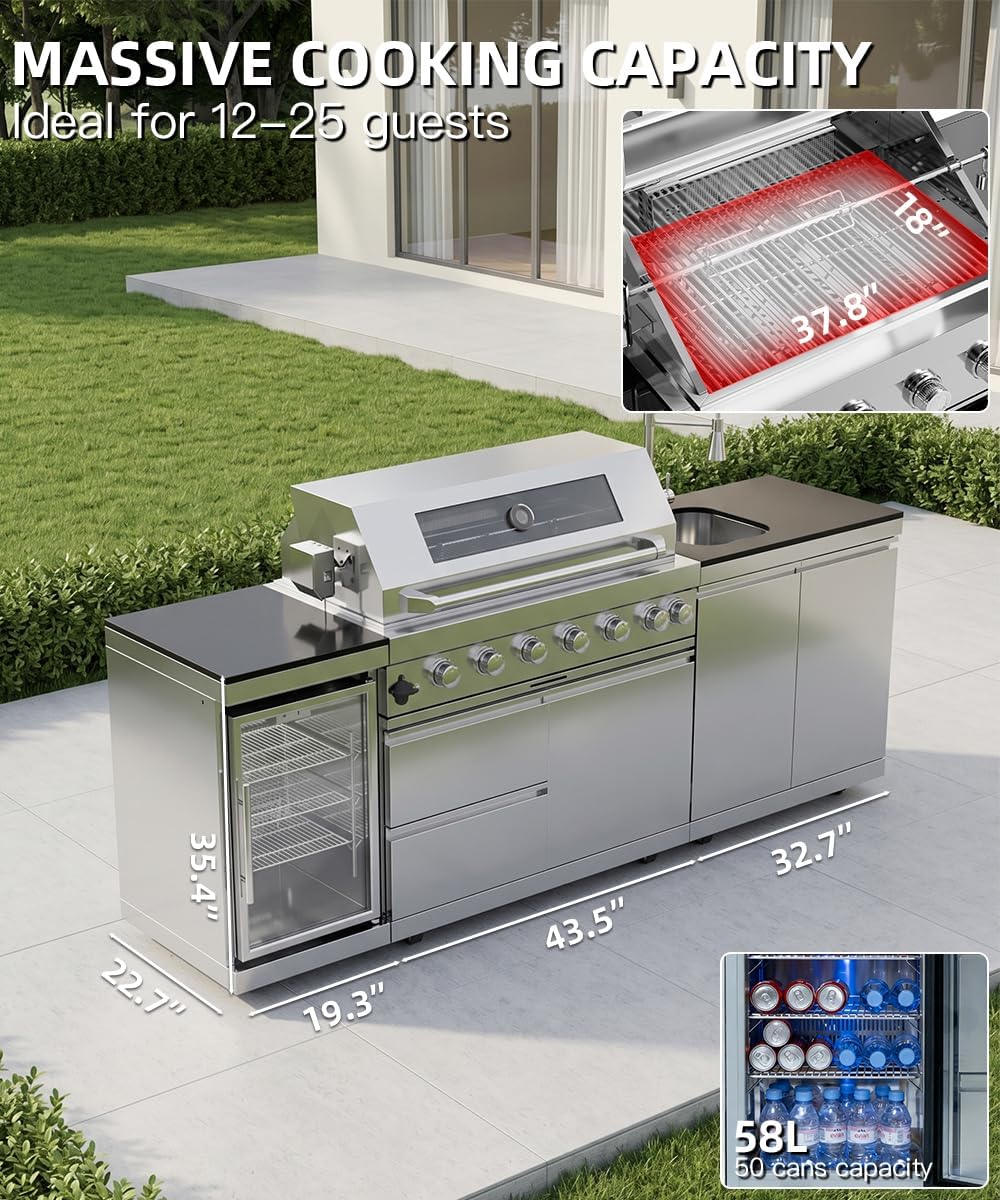 104" Outdoor Kitchen Island with Grill, Refrigerator & Rotisserie