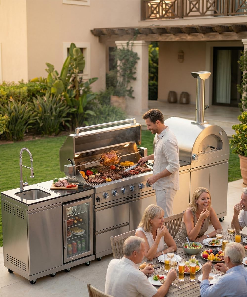 112" Outdoor Kitchen Island Kit with Pizza Oven & Refrigerator