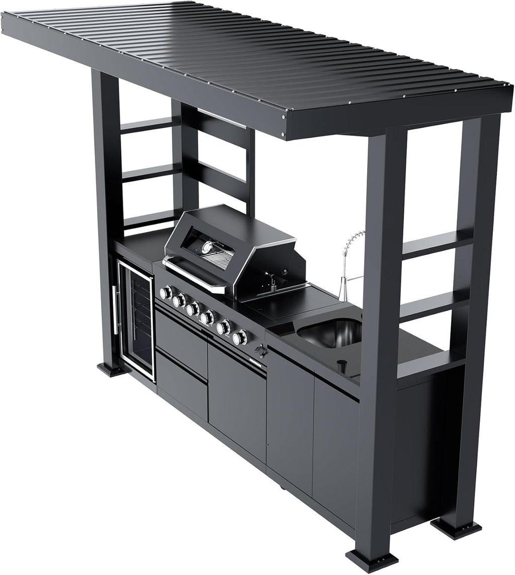 5-Burner Outdoor Kitchen Island with Refrigerator & Rotisserie