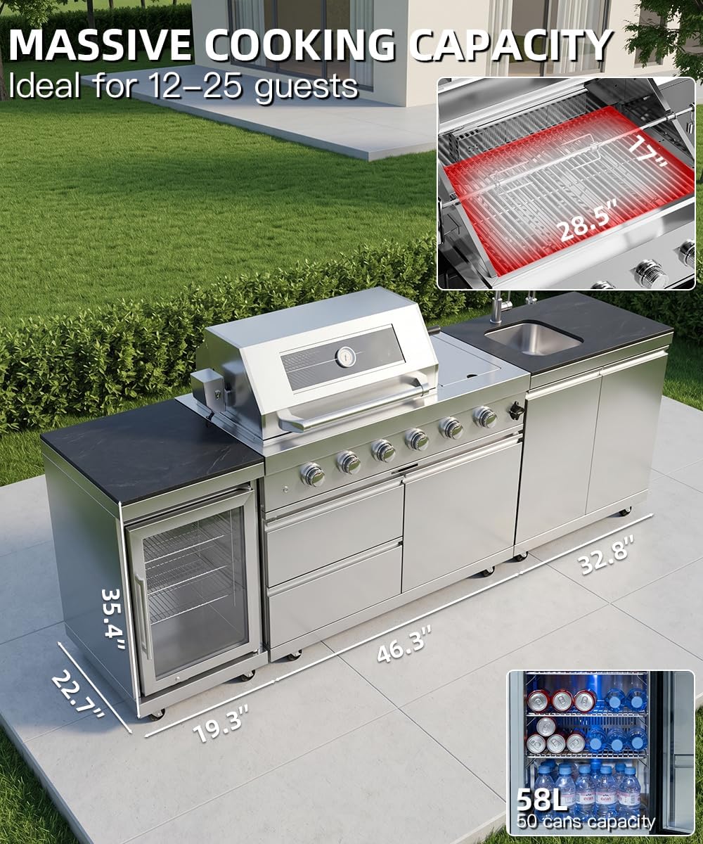 104" Outdoor Kitchen Island with Grill, Refrigerator & Rotisserie