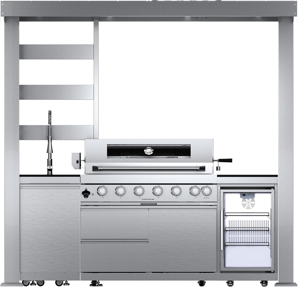 5-Burner Outdoor Kitchen Island with Refrigerator & Rotisserie