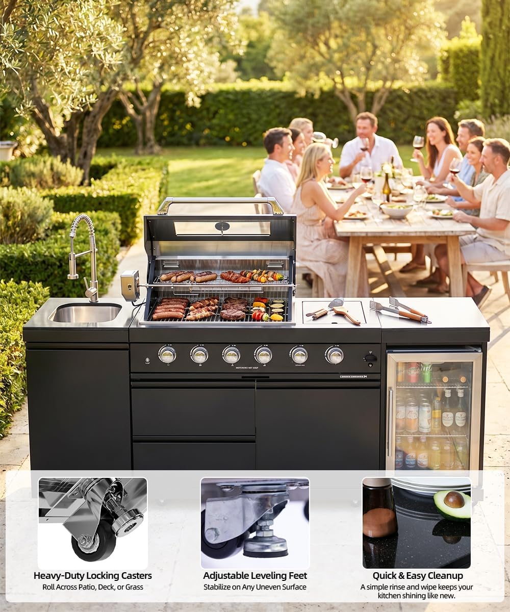 104" Outdoor Kitchen Island with Grill, Refrigerator & Rotisserie