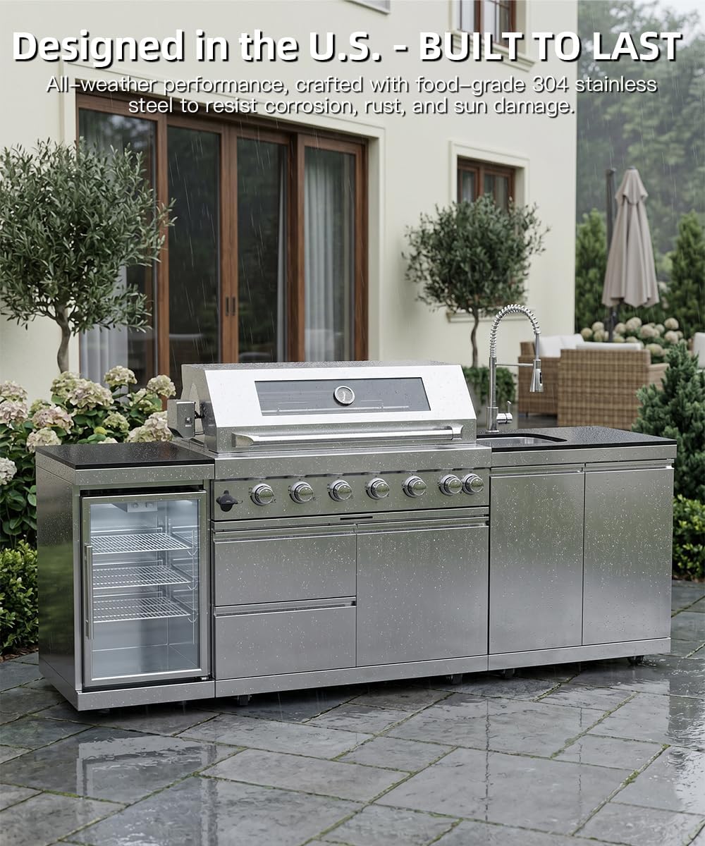 104" Outdoor Kitchen Island with Grill, Refrigerator & Rotisserie