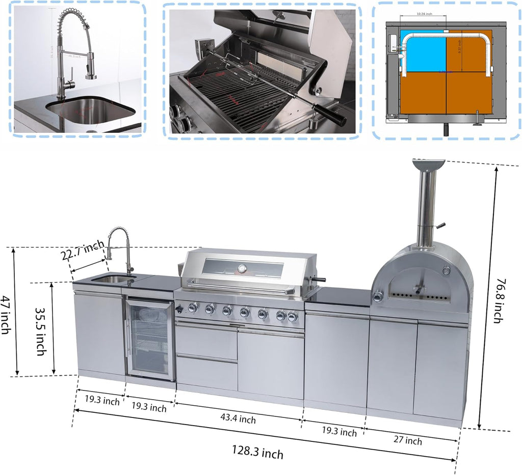 112" Outdoor Kitchen Island Kit with Pizza Oven & Refrigerator