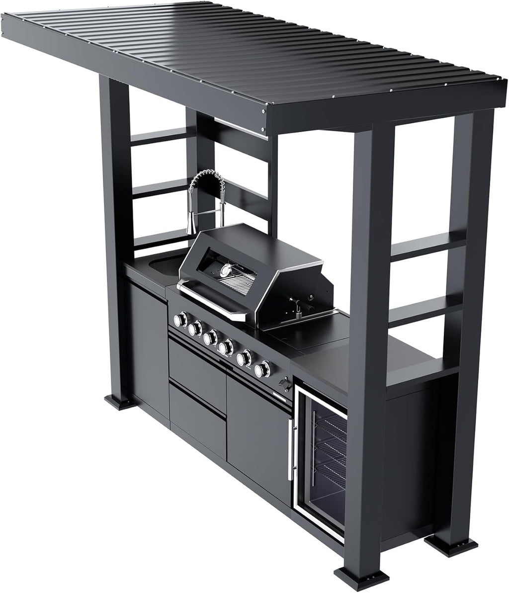 5-Burner Outdoor Kitchen Island with Refrigerator & Rotisserie