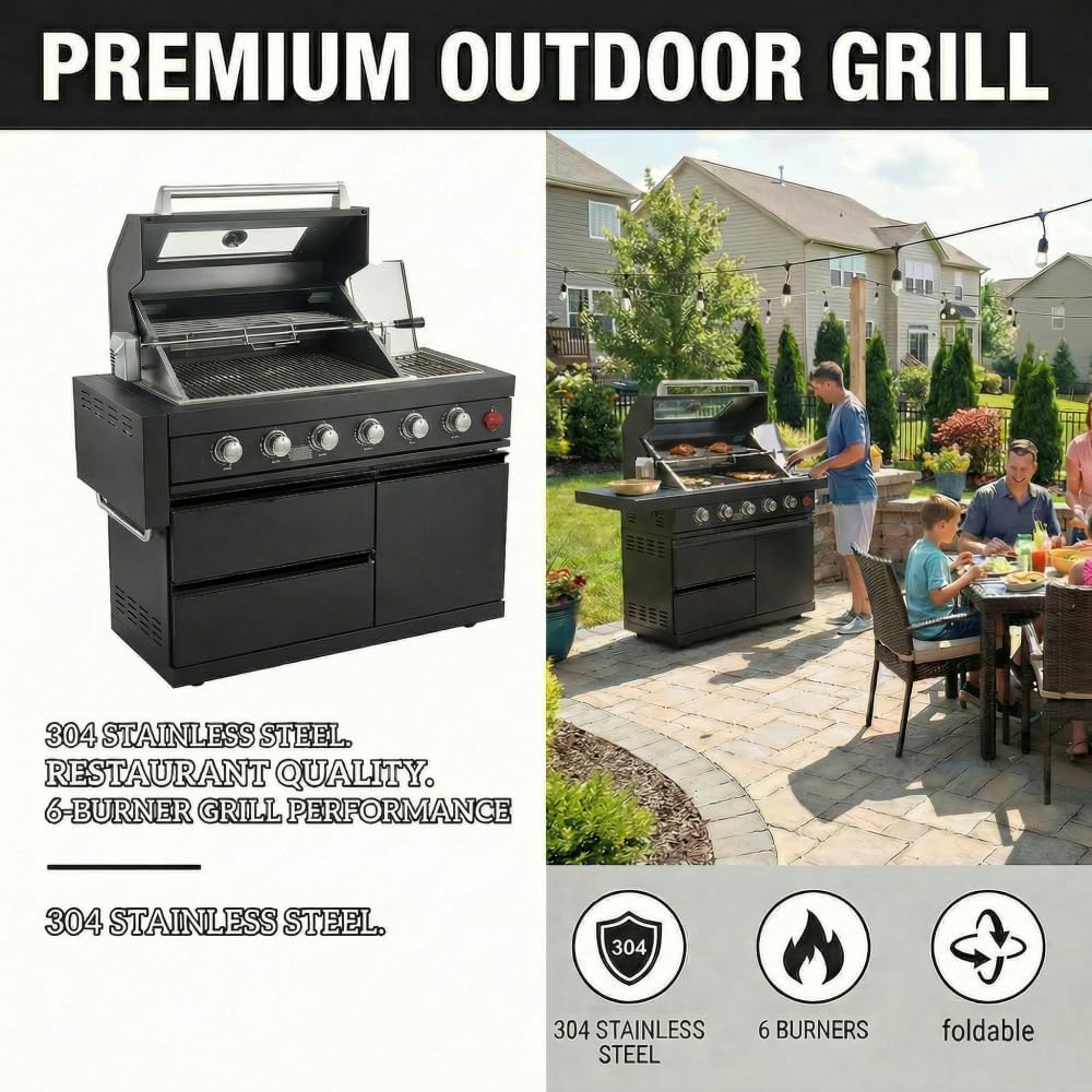 Compact BBQ Outdoor Kitchen Island with Rotisserie