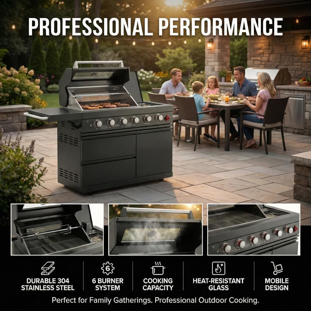 Compact BBQ Outdoor Kitchen Island with Rotisserie