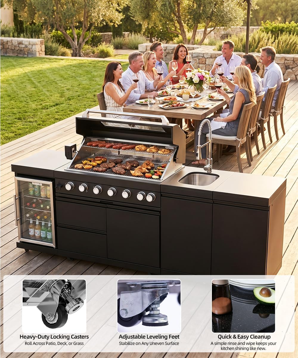 104" Outdoor Kitchen Island with Grill, Refrigerator & Rotisserie