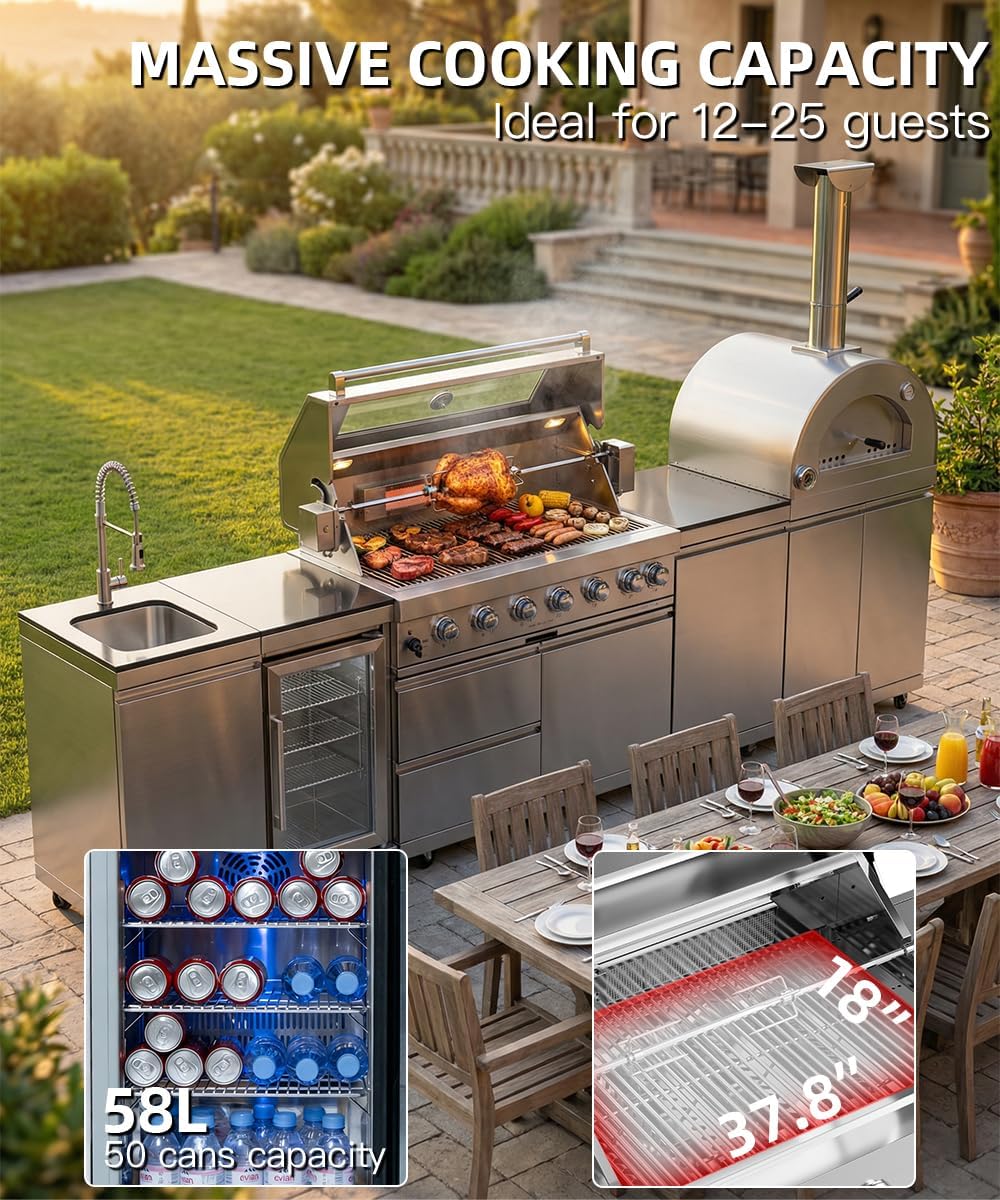 112" Outdoor Kitchen Island Kit with Pizza Oven & Refrigerator
