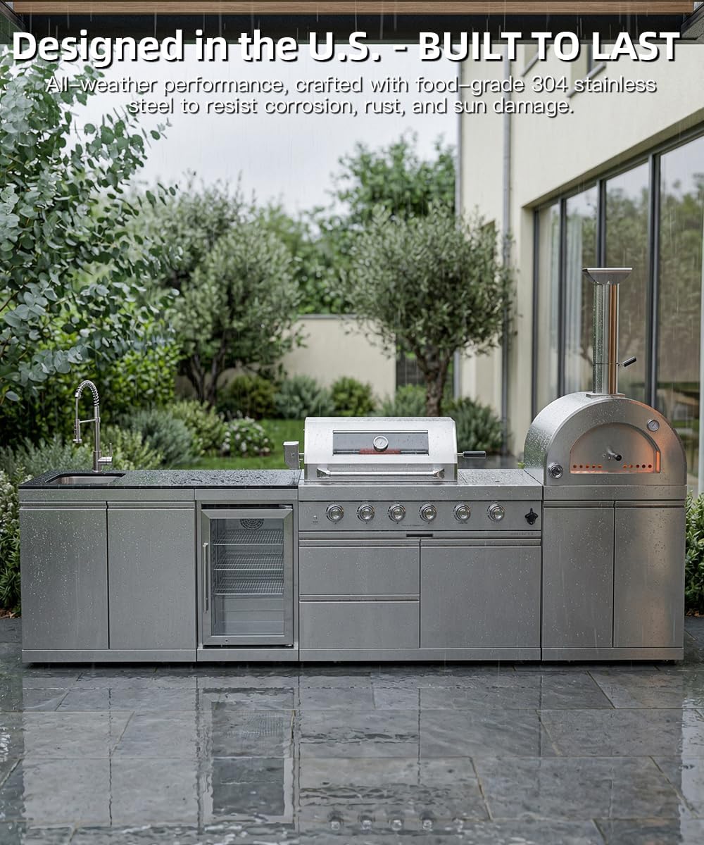 112" Outdoor Kitchen Island Kit with Pizza Oven & Refrigerator