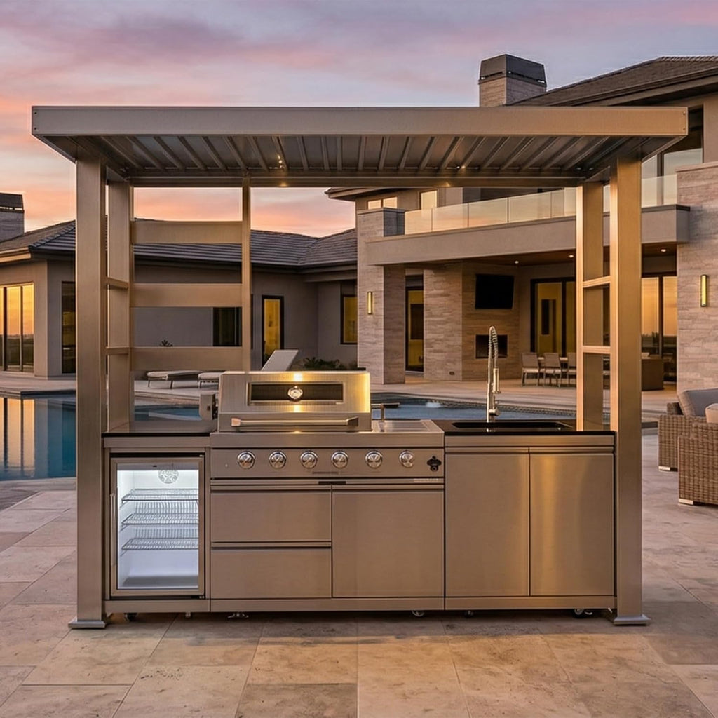 5-Burner Outdoor Kitchen Island with Refrigerator & Rotisserie