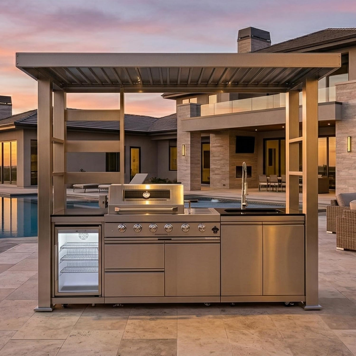 5-Burner Outdoor Kitchen Island with Refrigerator & Rotisserie