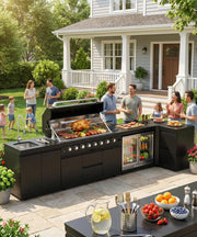 BBQ Outdoor Kitchen Island Grill Barbecue Modular Patio Kitchens Kits with Electric Rotisserie, Sink, fridge, and Burner for More than 15 People