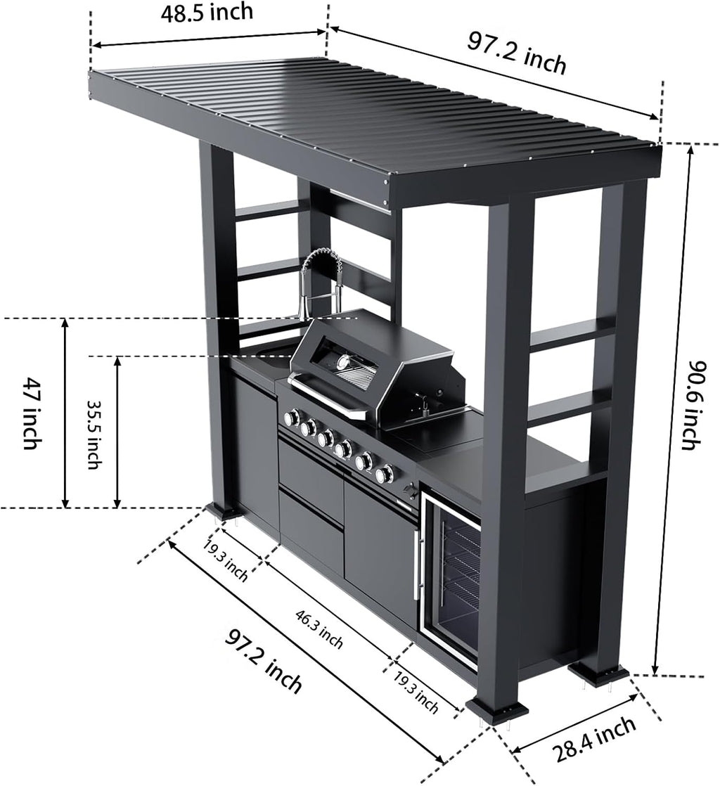 5-Burner Outdoor Kitchen Island with Refrigerator & Rotisserie