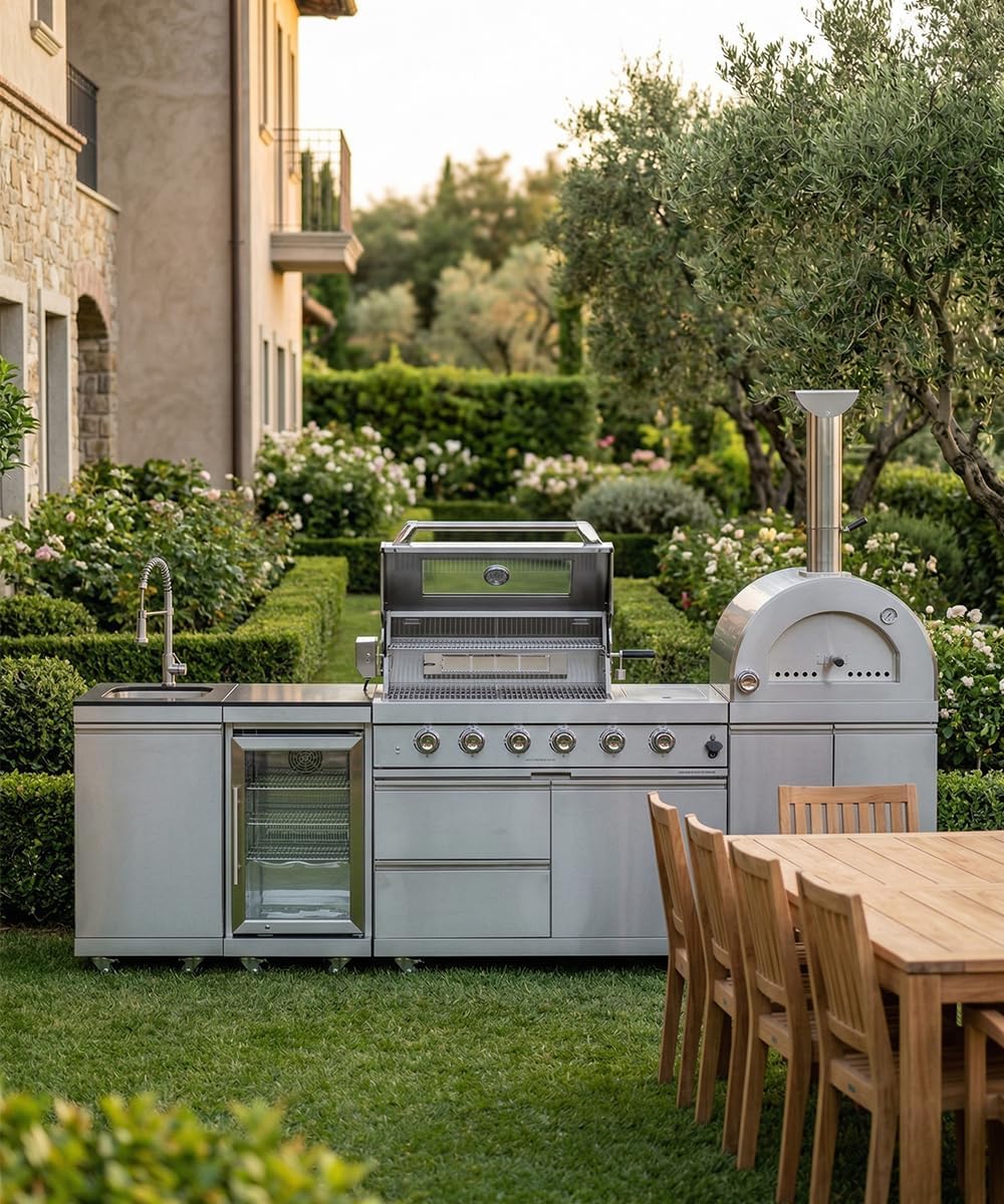 Outdoor Kitchen Island Kits, Outdoor Kitchen Grills with Pizza Oven Refrigerator & Rotisserie, Barbecue Grill Station & Outdoor Grill Island for Backyard (Silver 112'', Natural Gas)