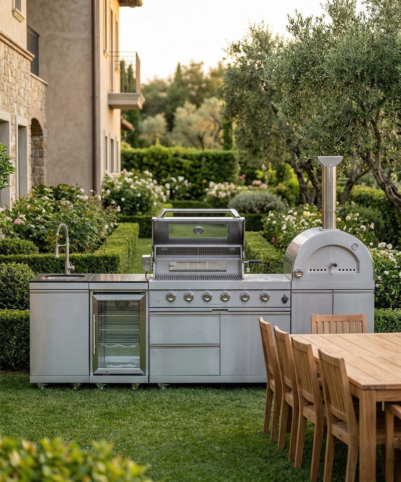 Outdoor Kitchen Island Kits, Outdoor Kitchen Grills with Pizza Oven Refrigerator & Rotisserie, Barbecue Grill Station & Outdoor Grill Island for Backyard (Silver 112'', Natural Gas)