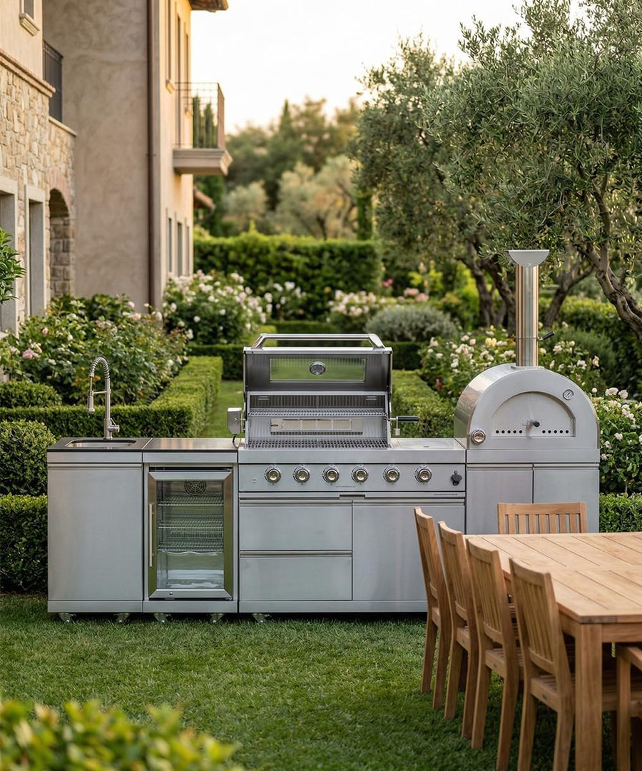 Outdoor Kitchen Island Kits, Outdoor Kitchen Grills with Pizza Oven Refrigerator & Rotisserie, Barbecue Grill Station & Outdoor Grill Island for Backyard (Silver 112'', Natural Gas)