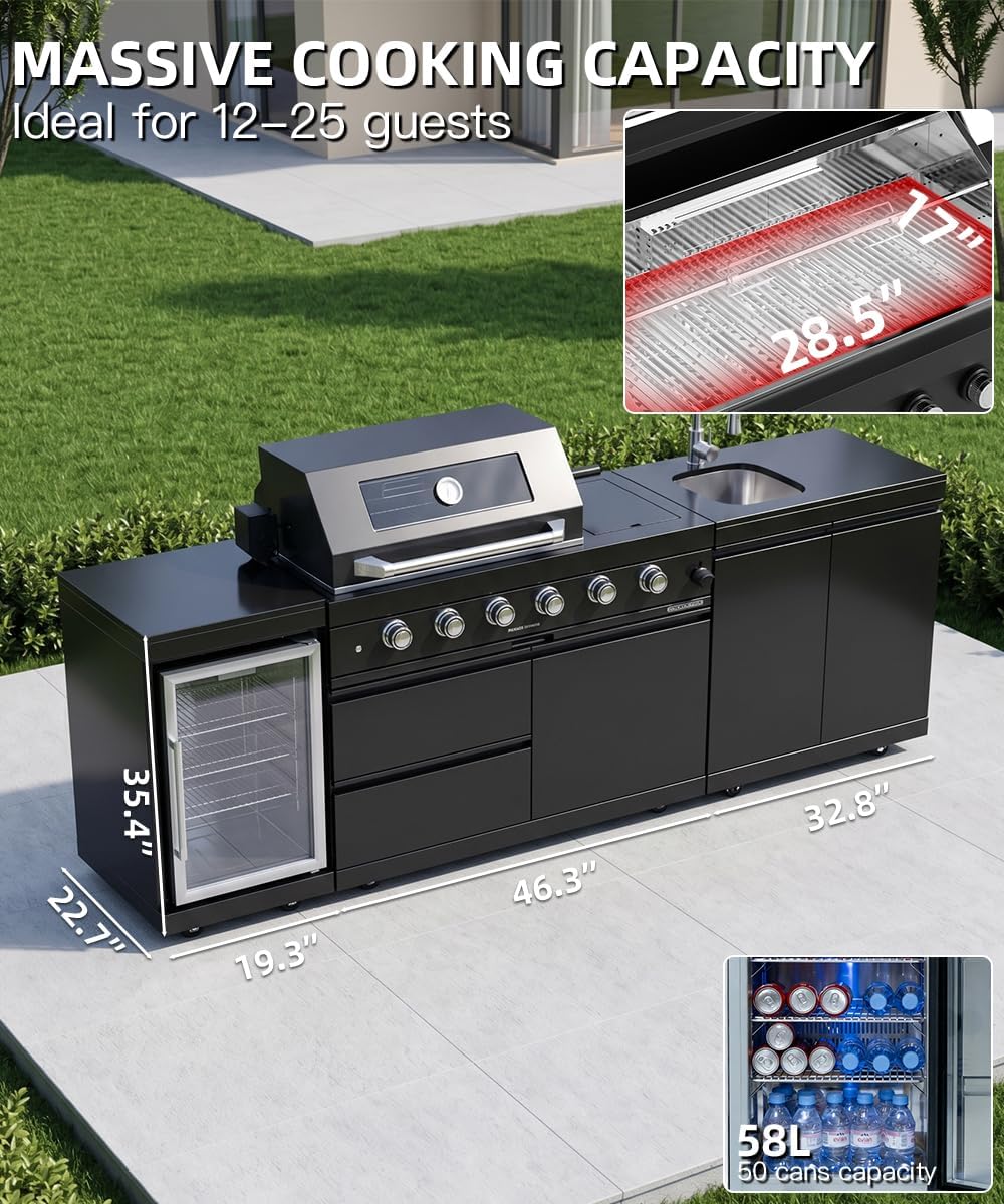 104" Outdoor Kitchen Island with Grill, Refrigerator & Rotisserie