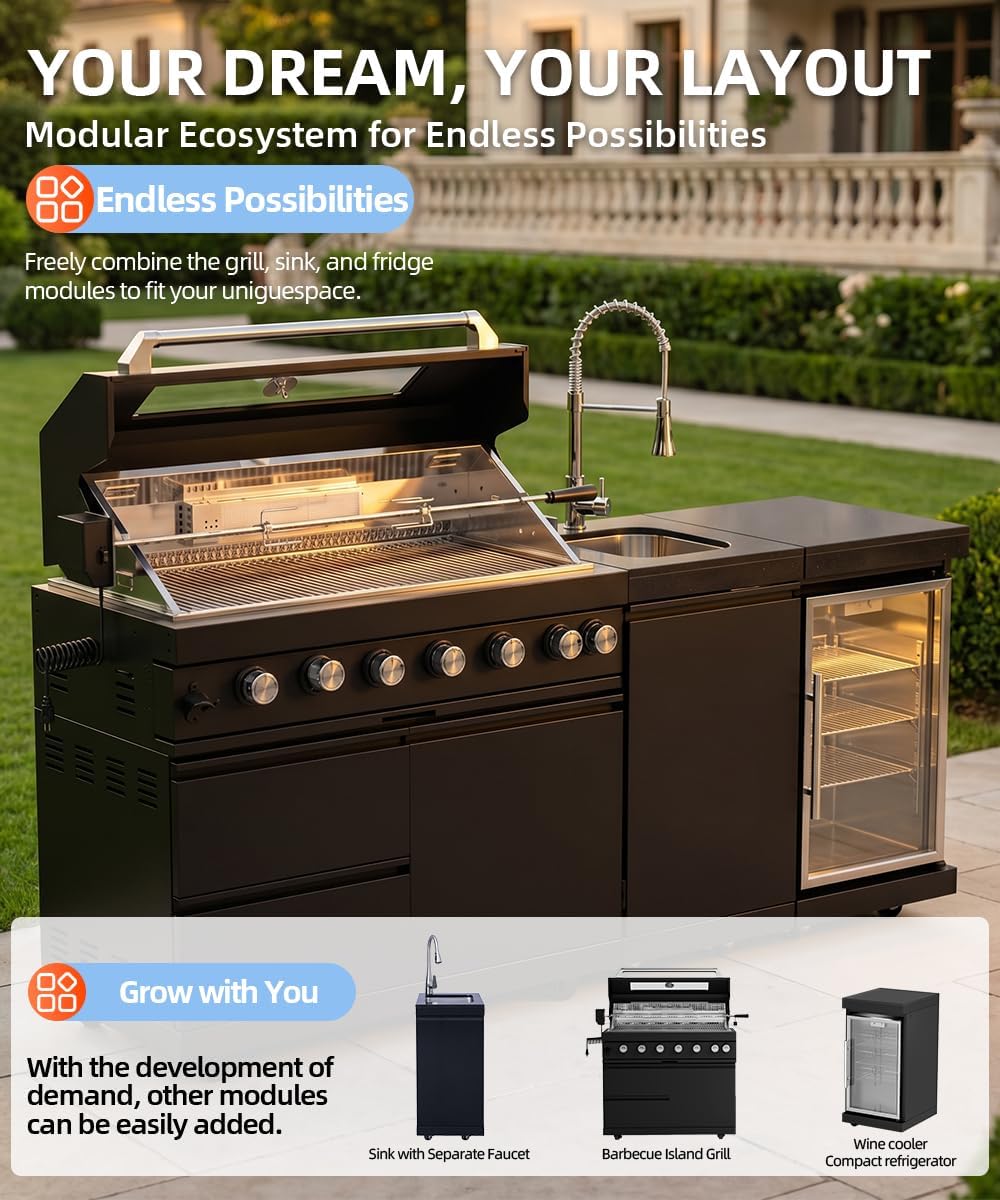 104" Outdoor Kitchen Island with Grill, Refrigerator & Rotisserie
