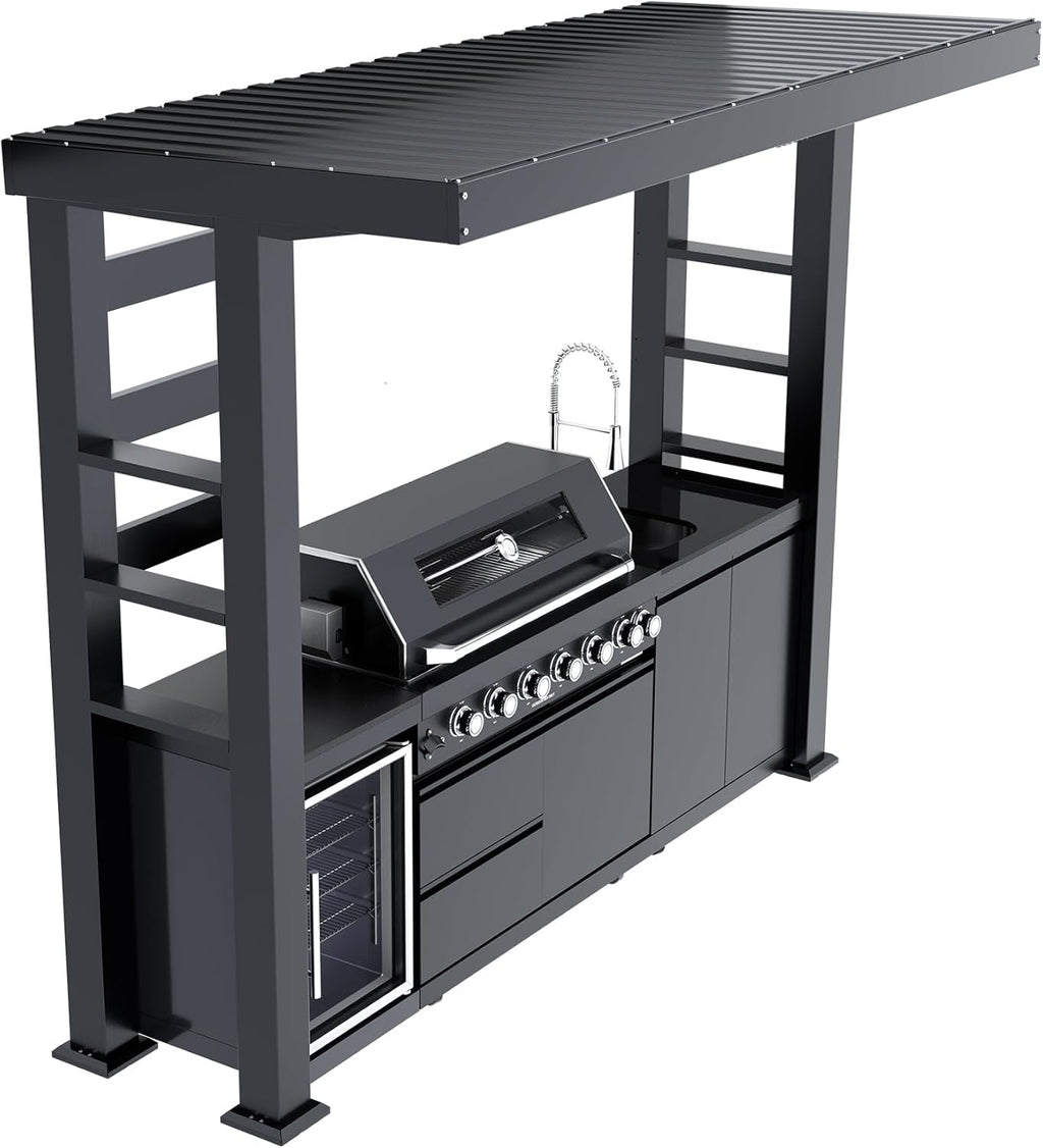 5-Burner Outdoor Kitchen Island with Refrigerator & Rotisserie