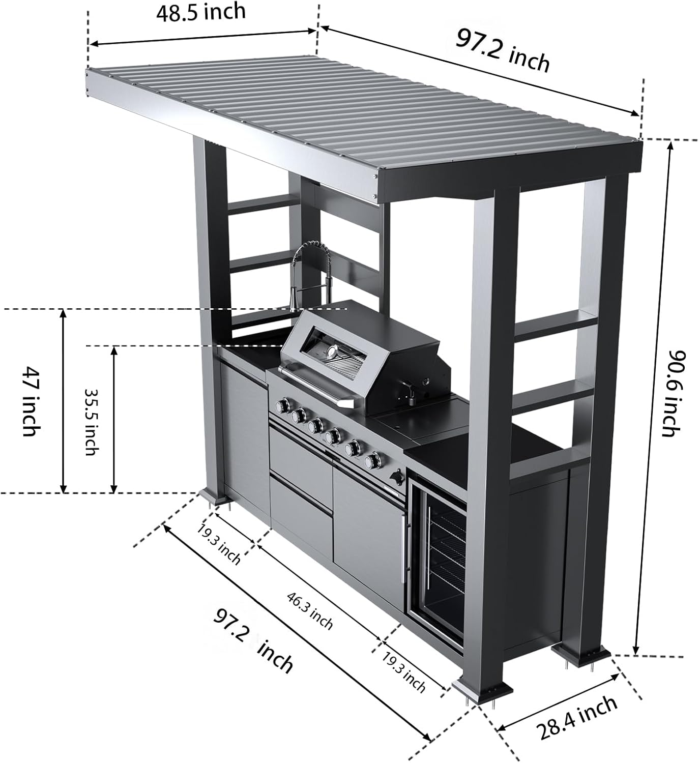 5-Burner Outdoor Kitchen Island with Refrigerator & Rotisserie