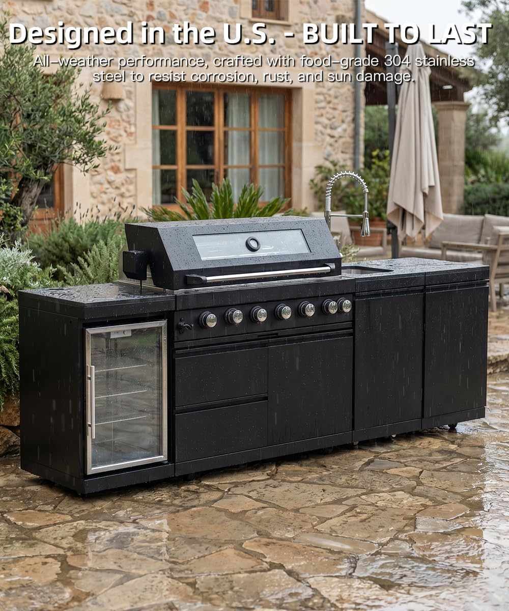 104" Outdoor Kitchen Island with Grill, Refrigerator & Rotisserie