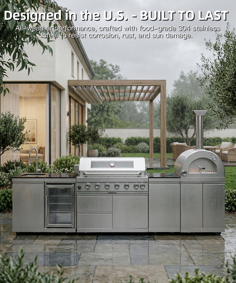 112" Outdoor Kitchen Island Kit with Pizza Oven & Refrigerator