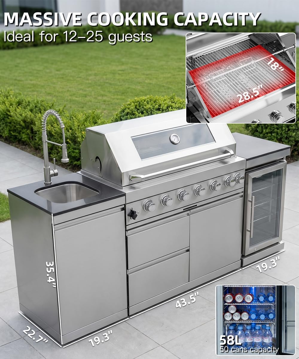 104" Outdoor Kitchen Island with Grill, Refrigerator & Rotisserie
