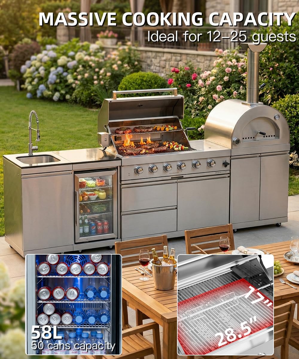 112" Outdoor Kitchen Island Kit with Pizza Oven & Refrigerator