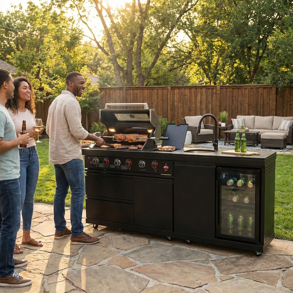 Compact BBQ Outdoor Kitchen Island with Rotisserie