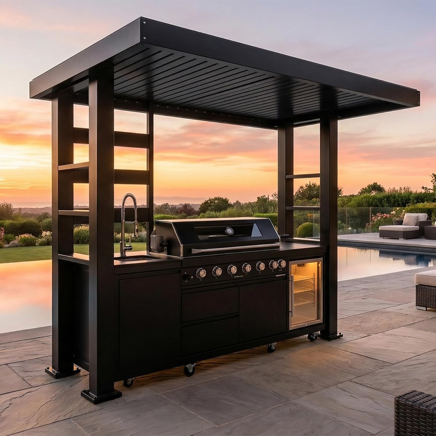 5-Burner Outdoor Kitchen Island with Refrigerator & Rotisserie