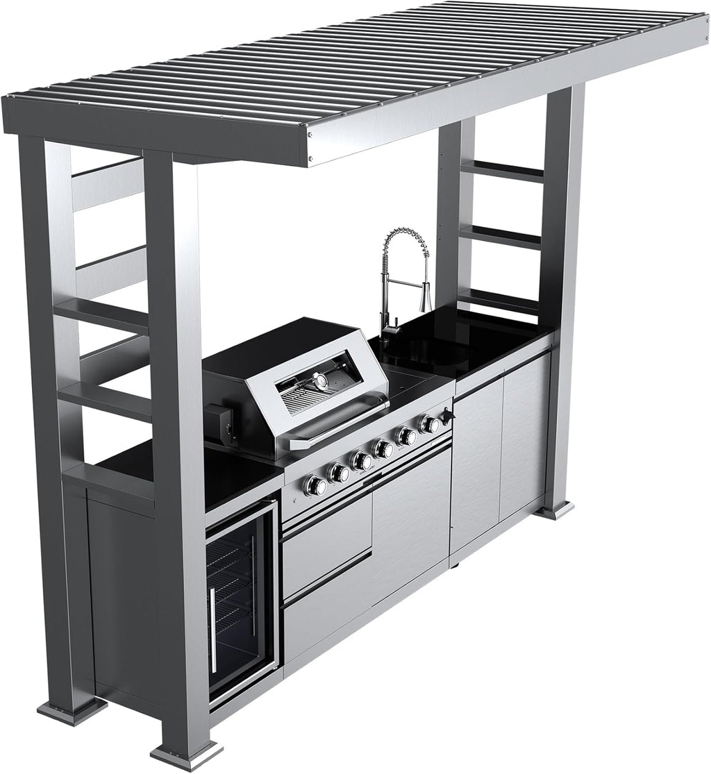 5-Burner Outdoor Kitchen Island with Refrigerator & Rotisserie