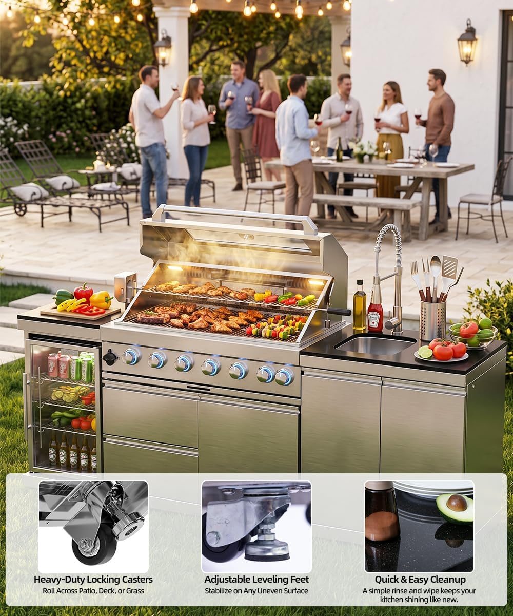 104" Outdoor Kitchen Island with Grill, Refrigerator & Rotisserie