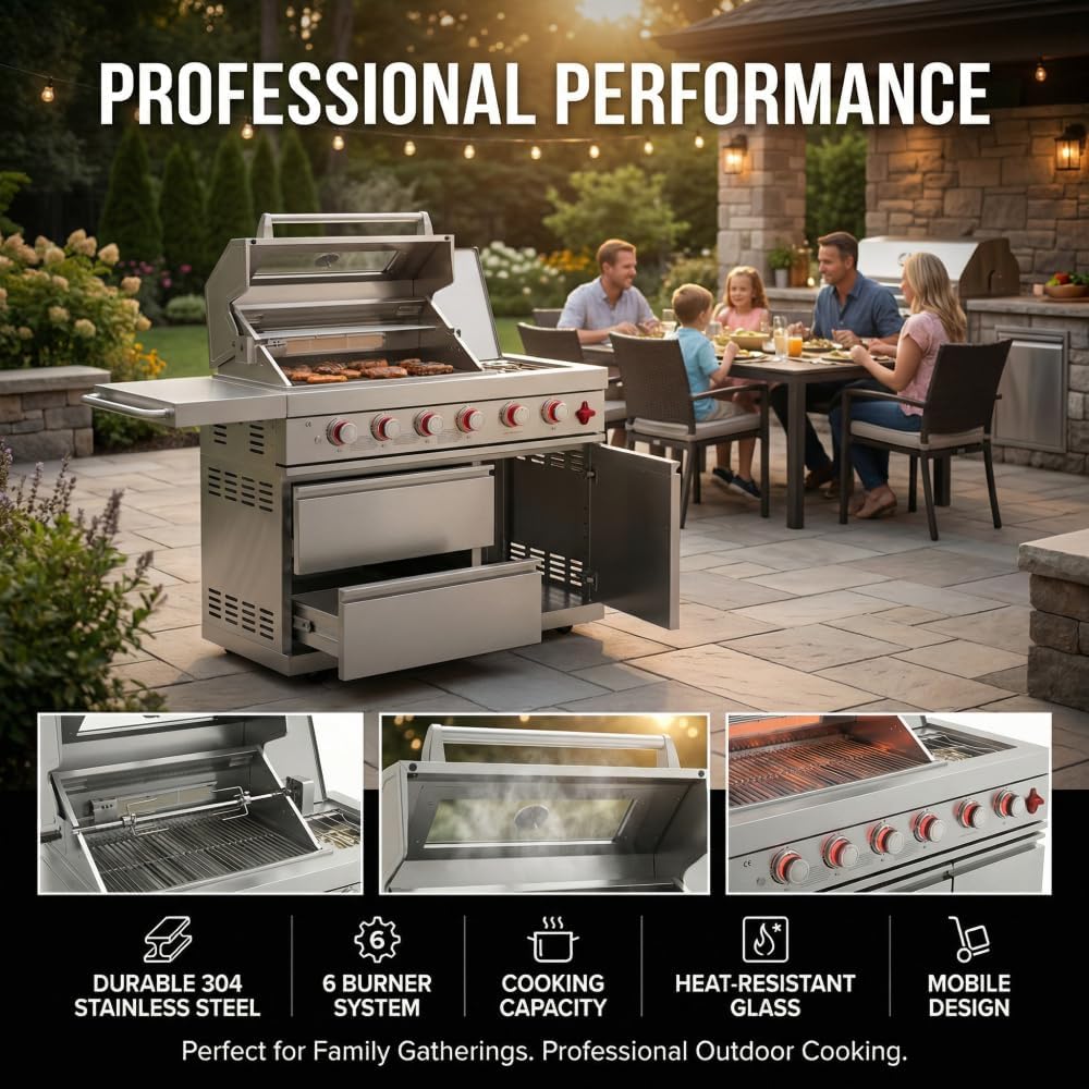 Compact BBQ Outdoor Kitchen Island with Rotisserie