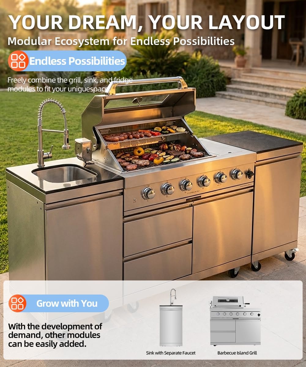 104" Outdoor Kitchen Island with Grill, Refrigerator & Rotisserie