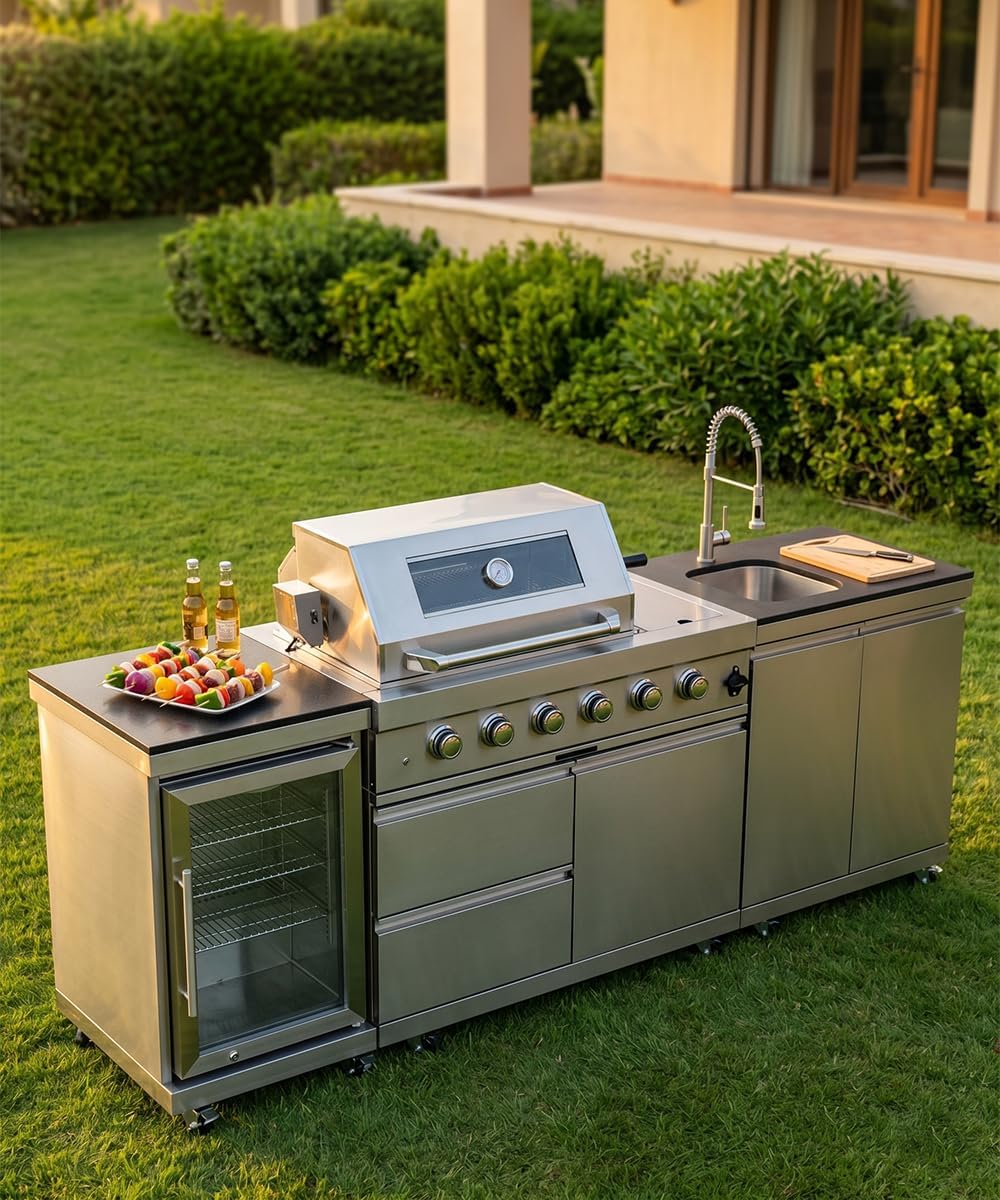104" Outdoor Kitchen Island with Grill, Refrigerator & Rotisserie