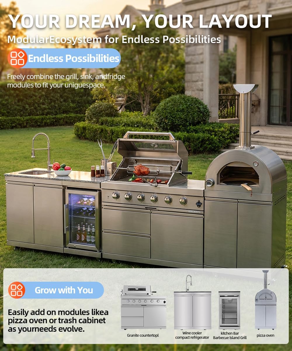 112" Outdoor Kitchen Island Kit with Pizza Oven & Refrigerator