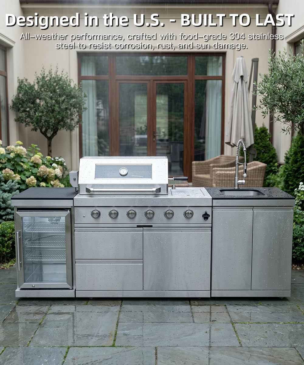 104" Outdoor Kitchen Island with Grill, Refrigerator & Rotisserie