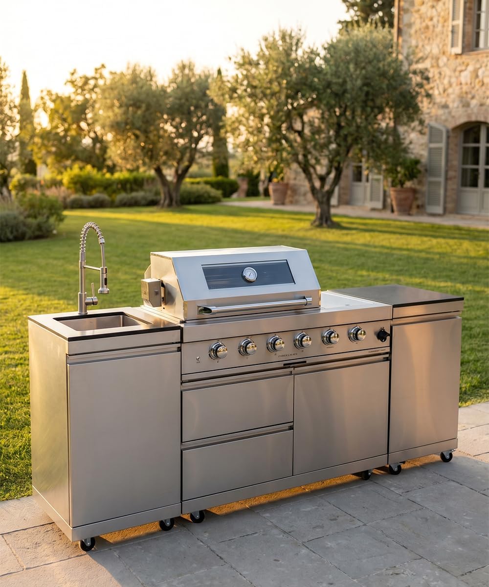 104" Outdoor Kitchen Island with Grill, Refrigerator & Rotisserie