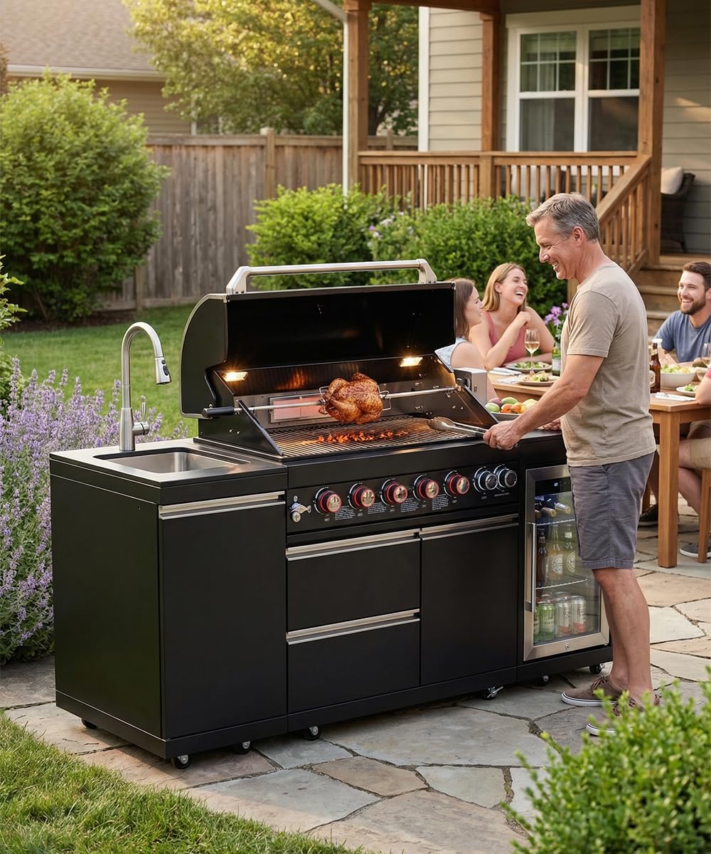 BBQ Outdoor Kitchen Island Grill Barbecue Modular Patio Kitchens Kits with Electric Rotisserie, Sink, fridge, and Burner for More than 15 People
