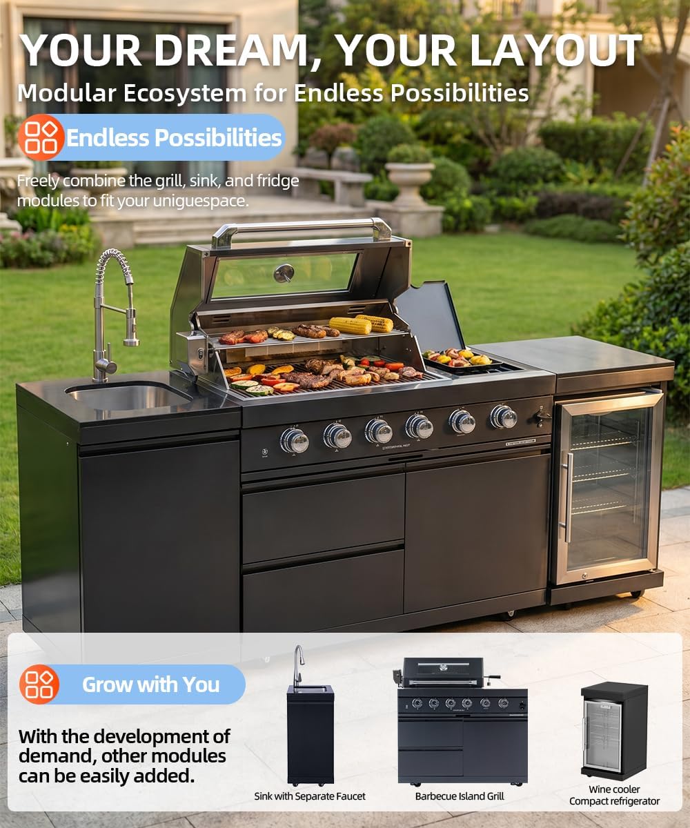 104" Outdoor Kitchen Island with Grill, Refrigerator & Rotisserie