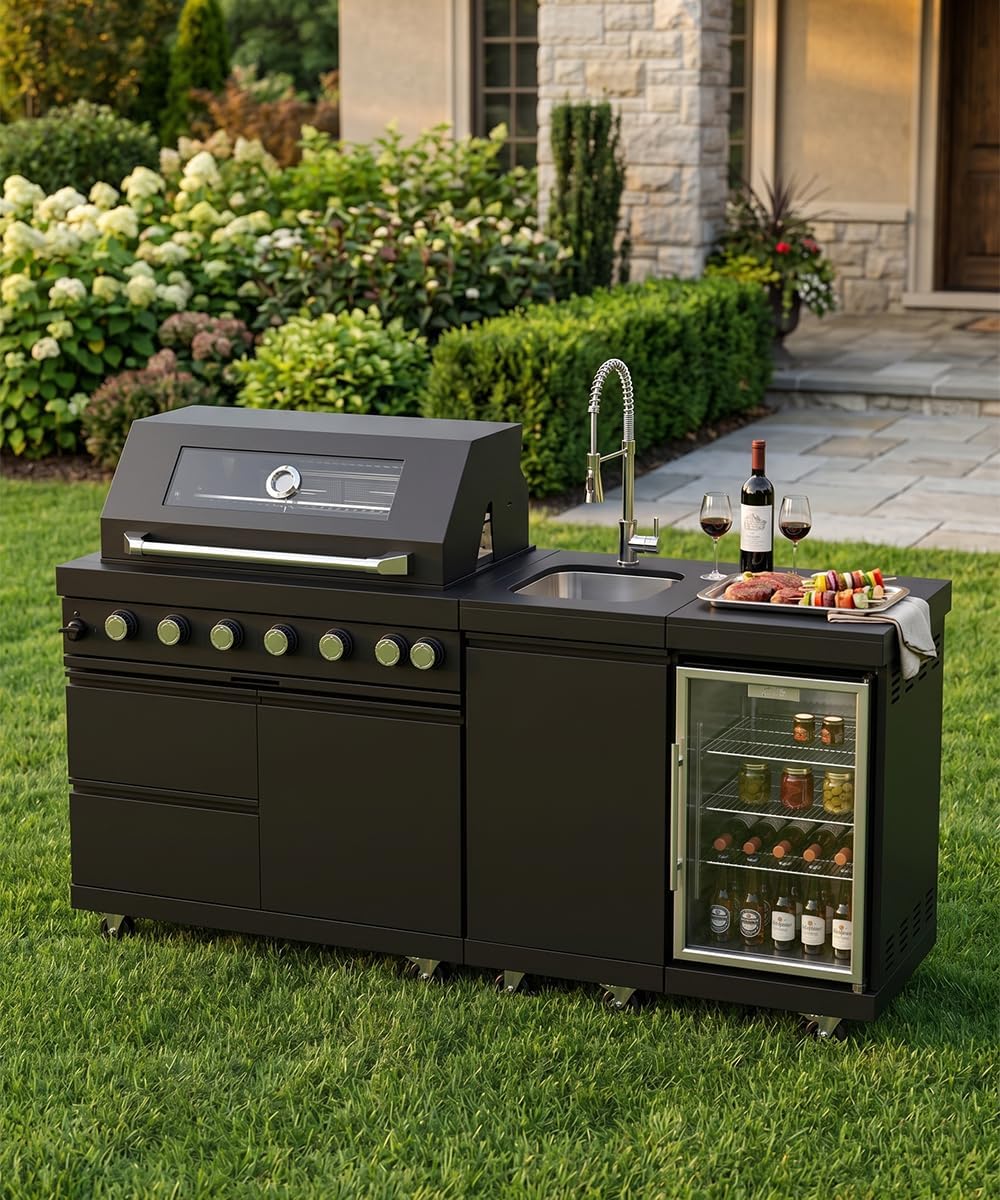104" Outdoor Kitchen Island with Grill, Refrigerator & Rotisserie